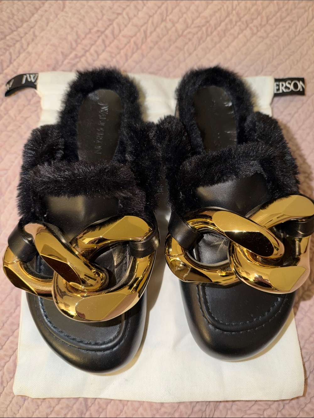 JW ANDERSON Black Faux Fur Slide Mules with Gold Chain